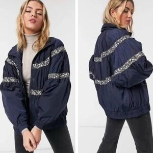 Free People Dark Blue Bomber Jacket with Floral Stripes